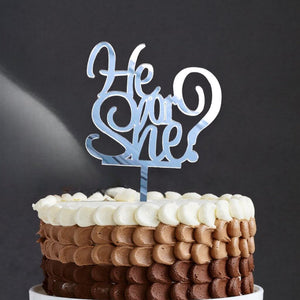 Silver Mirror Acrylic He or She Cake Topper - Online Party Supplies