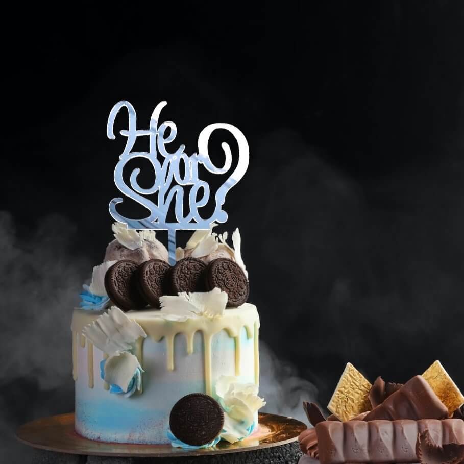 Silver Mirror Acrylic He or She Cake Topper - Online Party Supplies