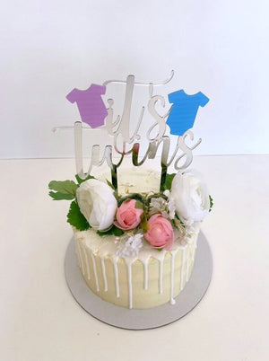 Silver Mirror Acrylic It's Twins Pink & Blue Onesie Cake Topper
