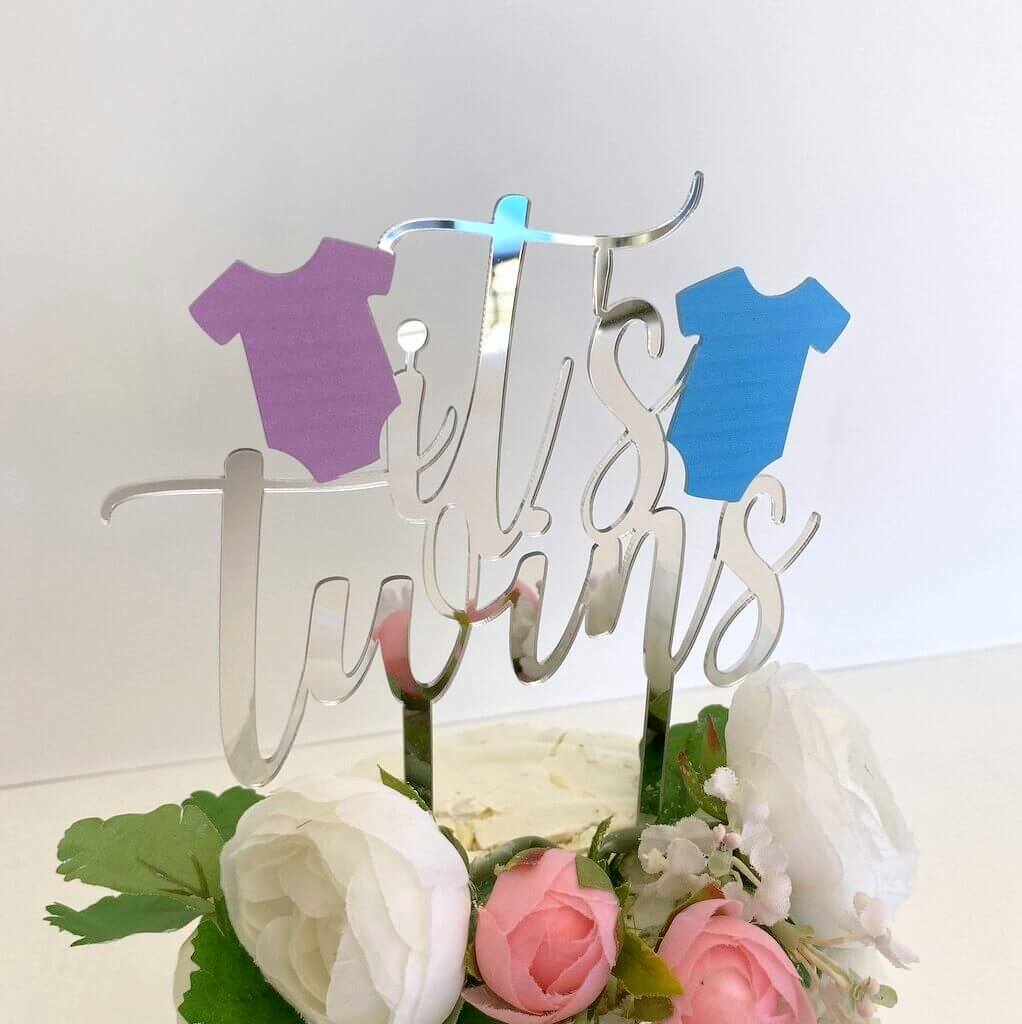 Silver Mirror Acrylic It's Twins Pink & Blue Onesie Cake Topper