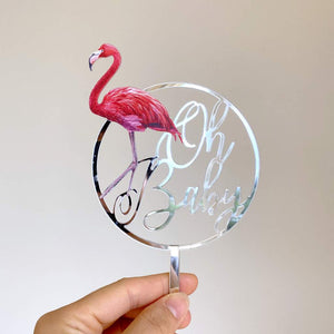 Silver Mirror Acrylic Oh Baby Flamingo Loop Baby Shower Cake Topper