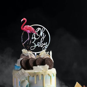 Silver Mirror Acrylic Oh Baby Flamingo Loop Baby Shower Cake Topper