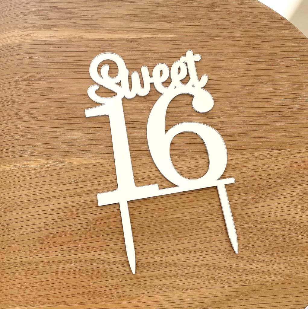 Acrylic Silver Mirror Sweet 16 sixteenth birthday Cake Topper