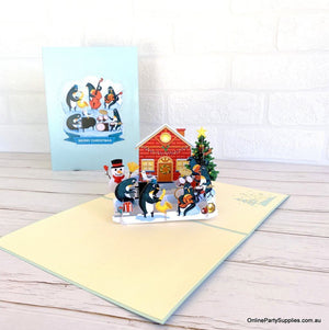 Online Party Supplies Australia Snowman & Penguin Rockin' Around Christmas Tree 3D Pop Up Greeting Card for Kids