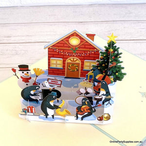 Online Party Supplies Australia Snowman & Penguin Rockin' Around Christmas Tree 3D Pop Up Greeting Card