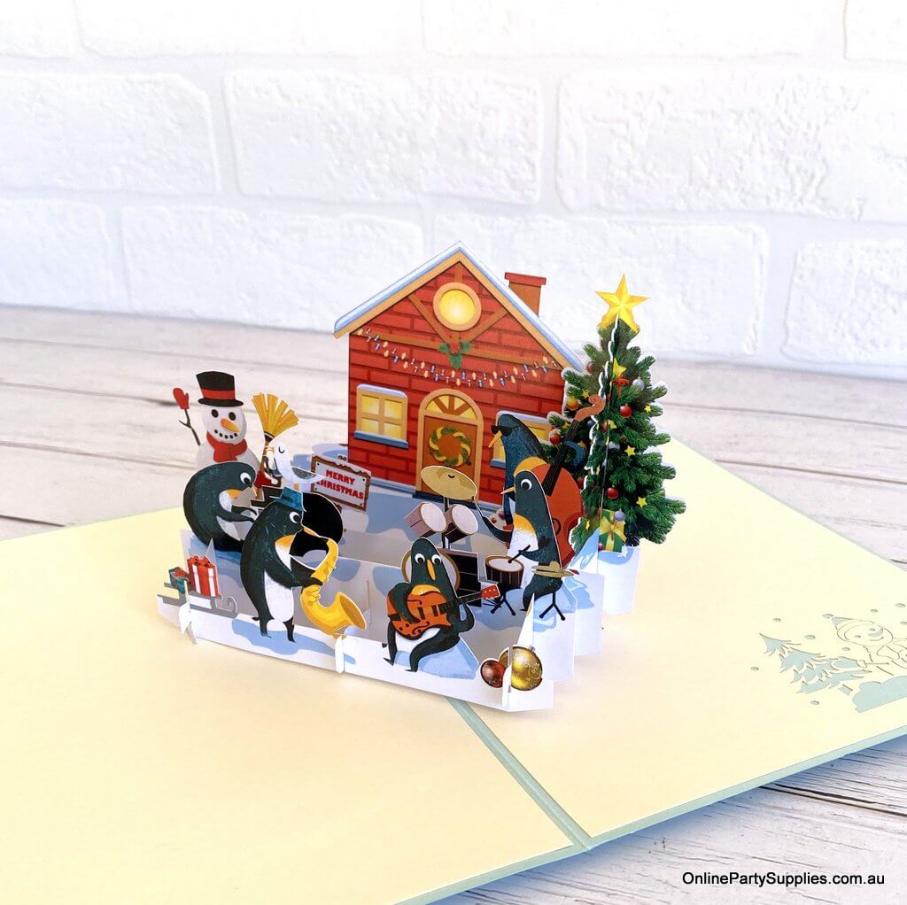 Online Party Supplies Australia Snowman & Penguin Rockin' Around Christmas Tree 3D Pop Up Card