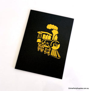 Handmade Gold & Black Steam Locomotive Pop Up Greeting Card - Pop Up Vehicle Cards