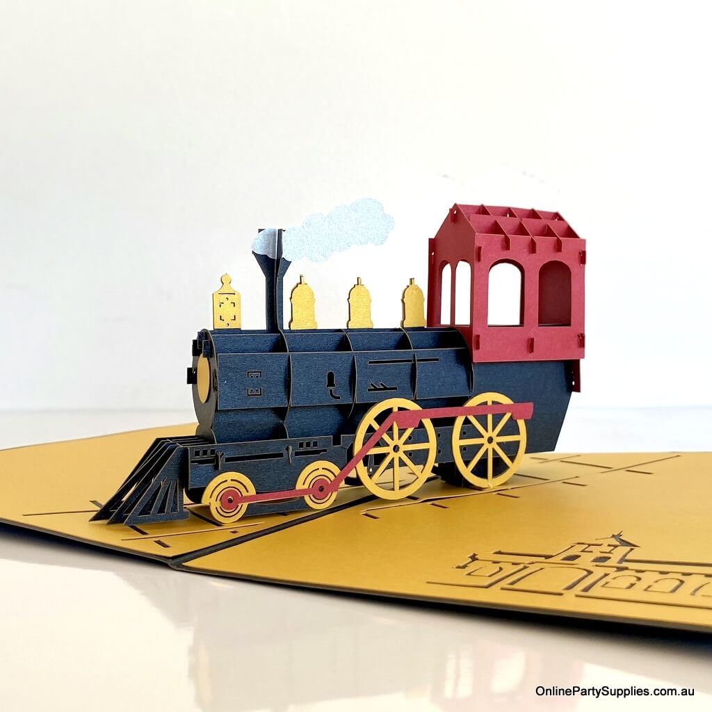 Handmade Gold & Black Steam Locomotive Pop Up Greeting Card - Pop Up Vehicle Cards