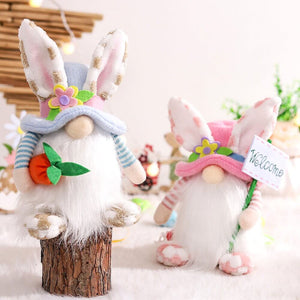 Easter Bunny Gnome Holding Carrot & Welcome Sign Shelf Sitter