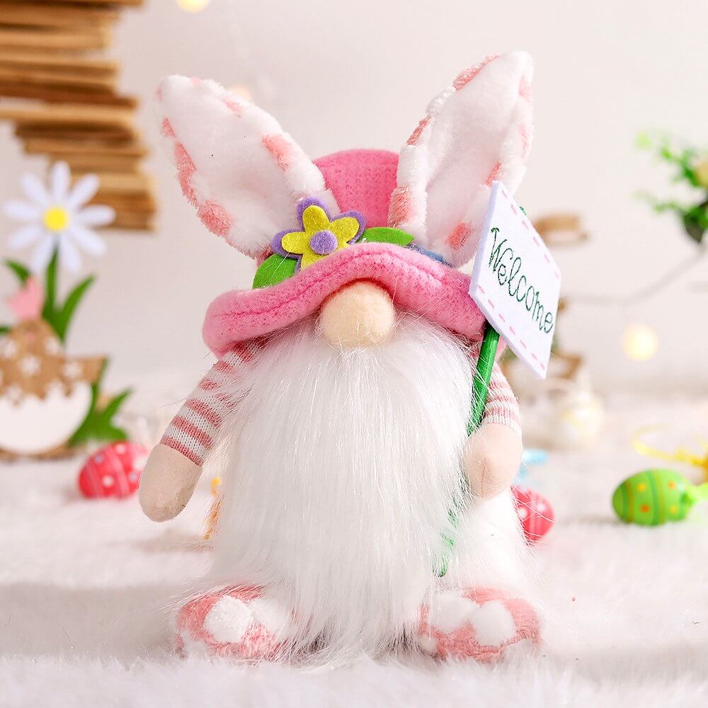 Easter Bunny Gnome Holding Carrot & Welcome Sign Shelf Sitter