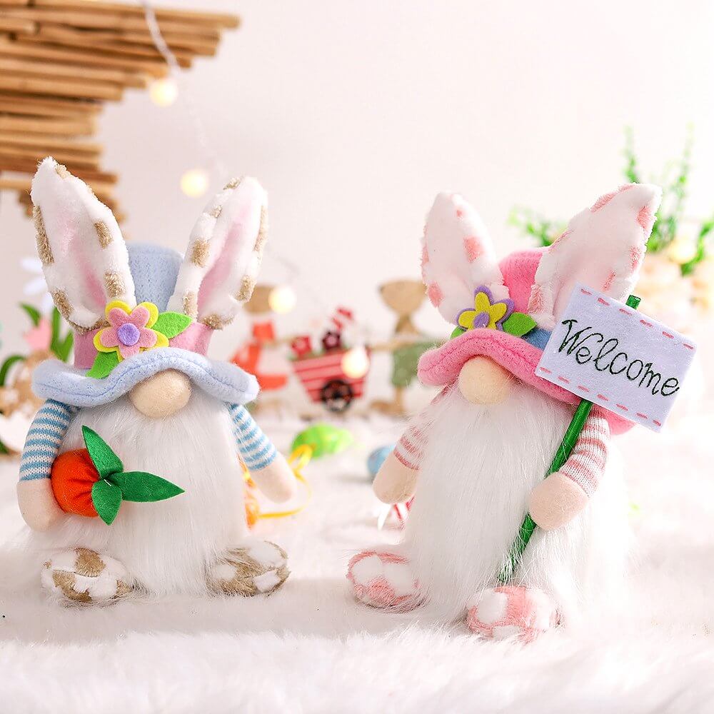 Easter Bunny Gnome Holding Carrot & Welcome Sign Shelf Sitter
