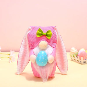 Stuffed Long Ear Easter Gnome Holding Easter Egg Shelf Sitter - pink gnome