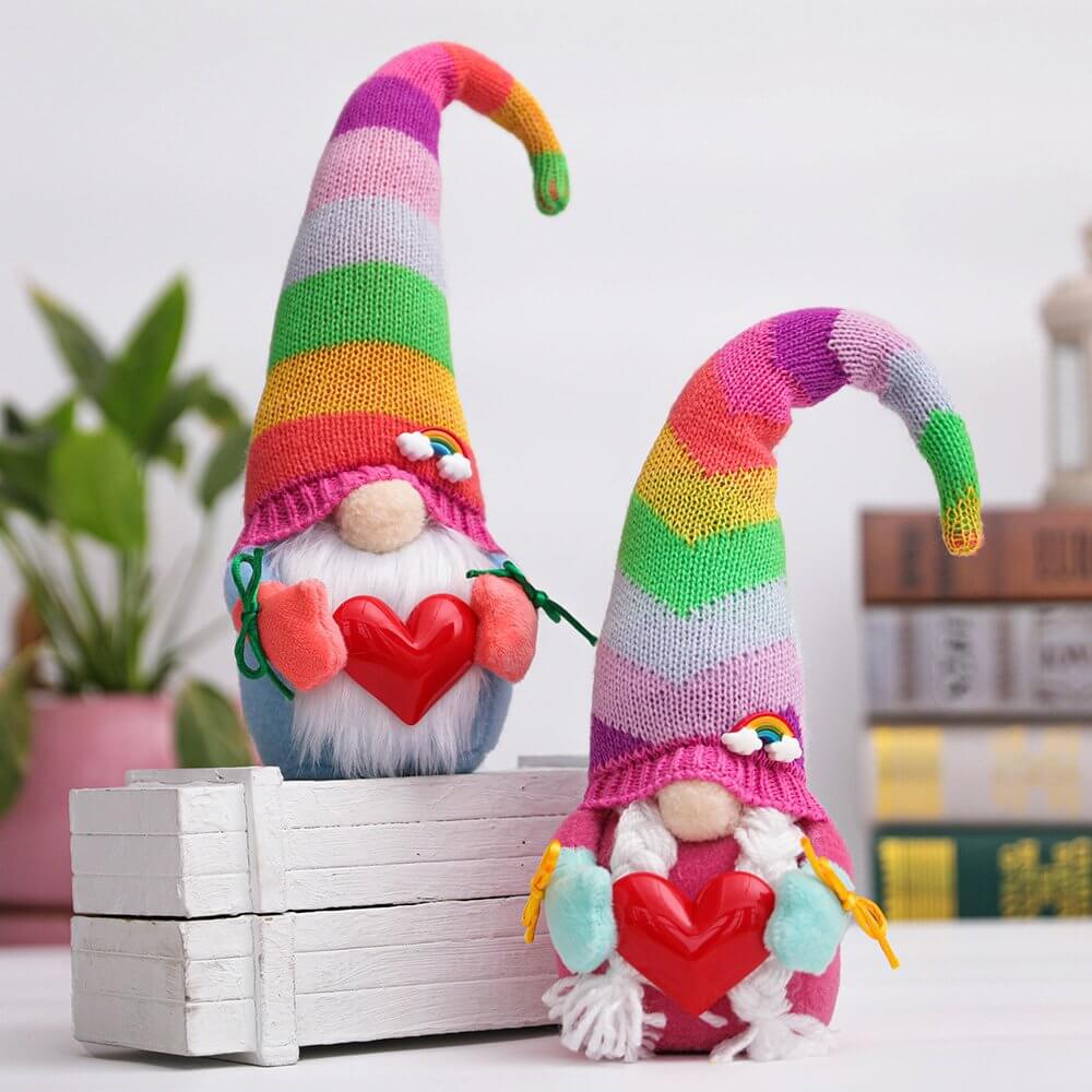 Rainbow Faceless Gnome Holding Red Heart Shelf Sitter
