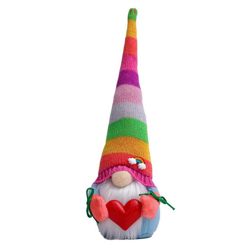 Rainbow Faceless Gnome Holding Red Heart Shelf Sitter