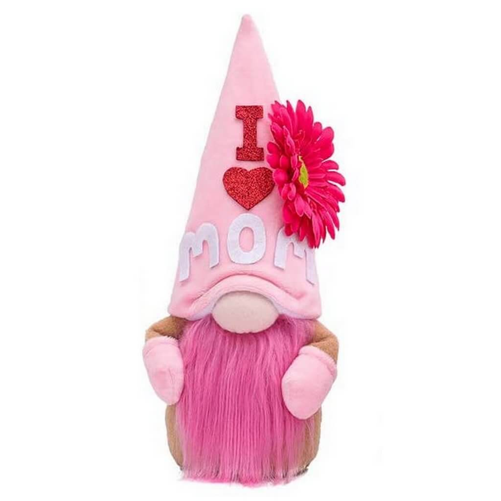 Stuffed Scandinavian Faceless Pink Gnome with Pink Beard - I Love Mom with Flowers
