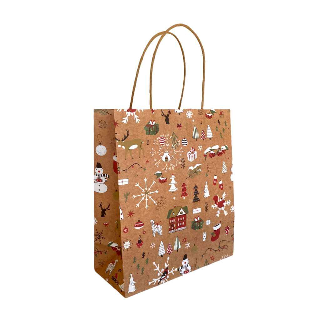 Kraft Paper Vintage Christmas Gift Bag with Handle - Style F