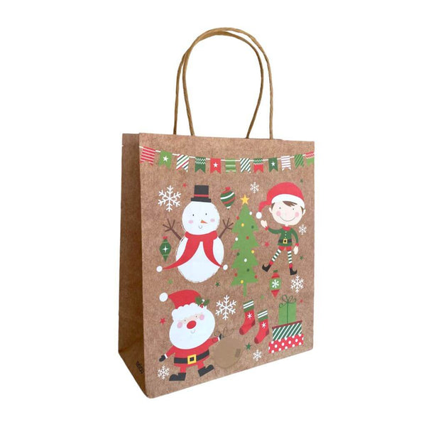 Brown Christmas Kraft Gift Bag with Handles Elf Snowman Santa