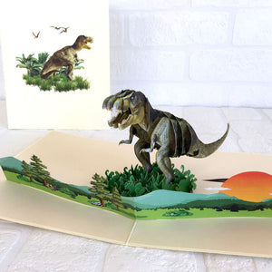 Handmade Online Party Supplies Roaring T-Rex Dinosaur In A Jungle Pop Up Card