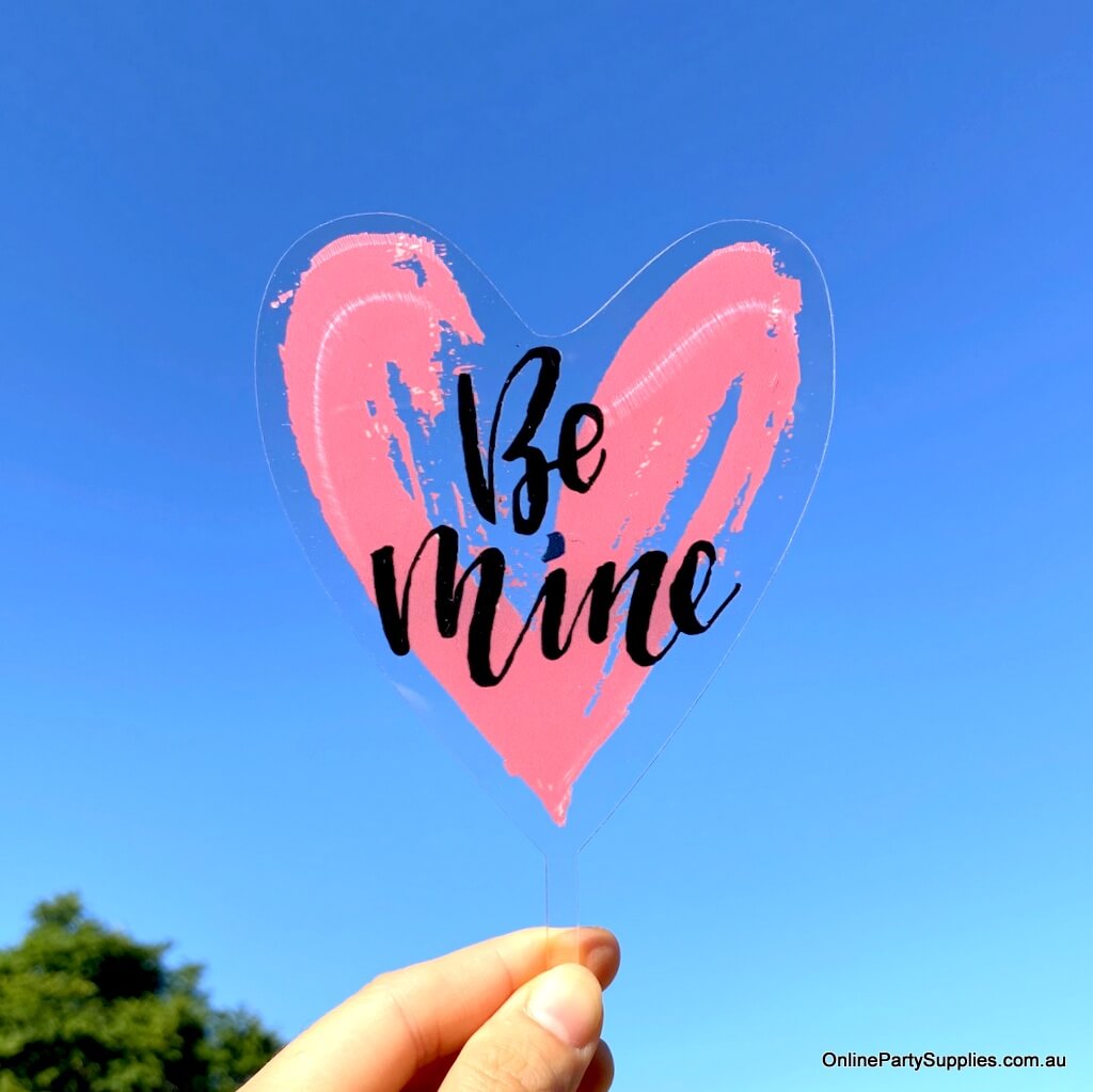 Online Party Supplies Australia Acrylic Transparent Pink Be Mine Heart Cake Topper