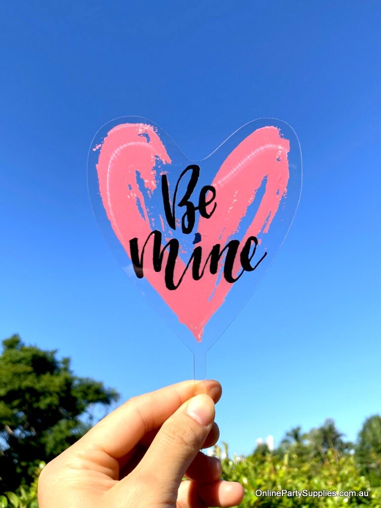 Online Party Supplies Australia Acrylic Transparent Pink Be Mine Heart Cake Topper