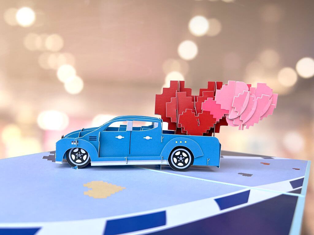 Vintage Blue Car With Love Heart Balloons 3D Pop Up Greeting Card