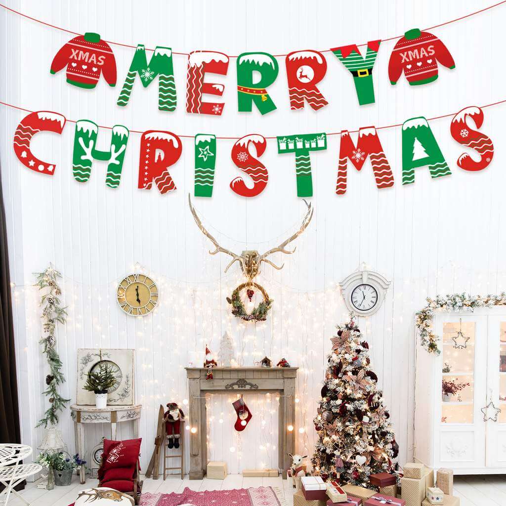 Vintage Red & Green Merry Christmas Paper Banner Bunting - Xmas Sweaters