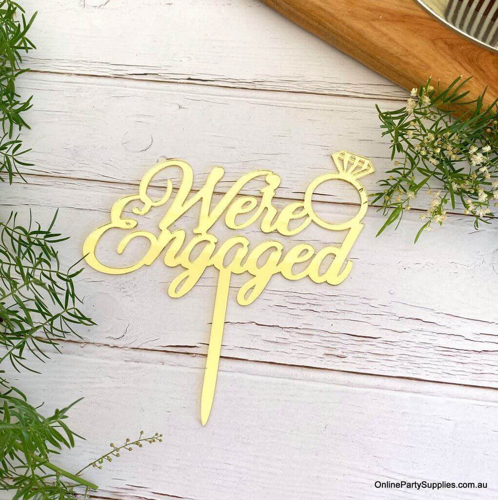 Online Party Supplies Australia Gold Mirror Acrylic 'We're Engaged' Diamond Ring Wedding Cake Topper