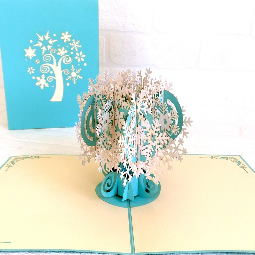 Handmade White & Blue Christmas Snowflake Tree Pop Up Card - Pop Up Christmas Cards