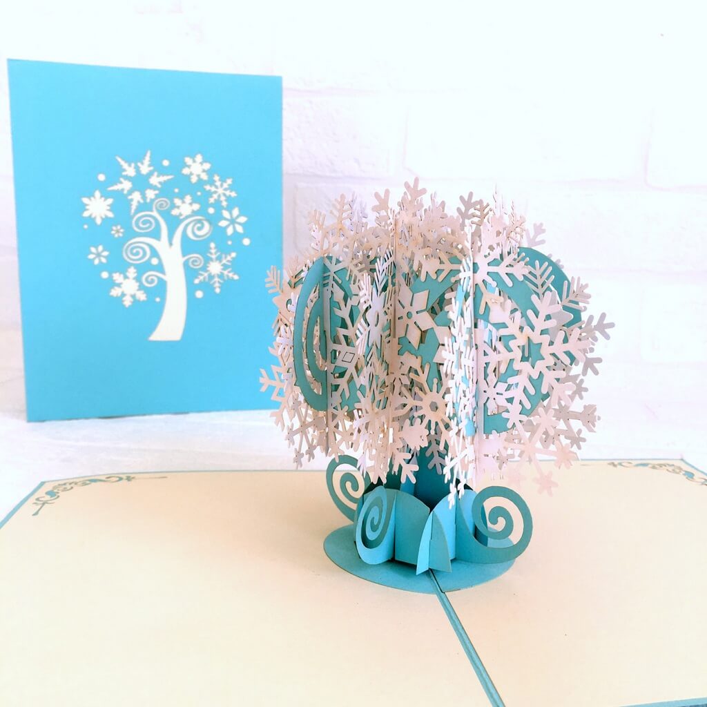 Handmade White & Blue Christmas Snowflake Tree Pop Up Card - Pop Up Christmas Cards