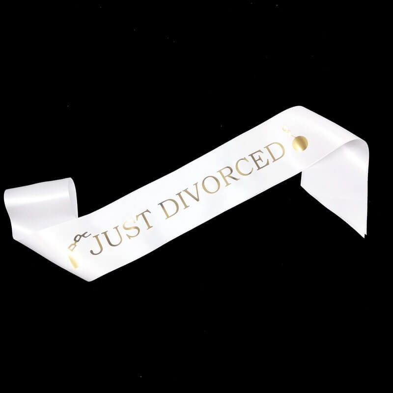 White 'Just Divorced' with Broken Chain Satin Sash - Gold Print