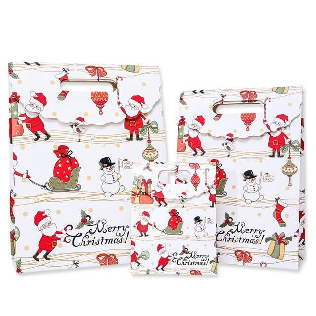 White Merry Christmas Paper Gift Bag - Santa & Snowman