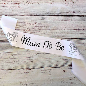 White Mum To Be with Rocking Horses Baby Shower Satin Sash - Gender Reveal Party Decorations