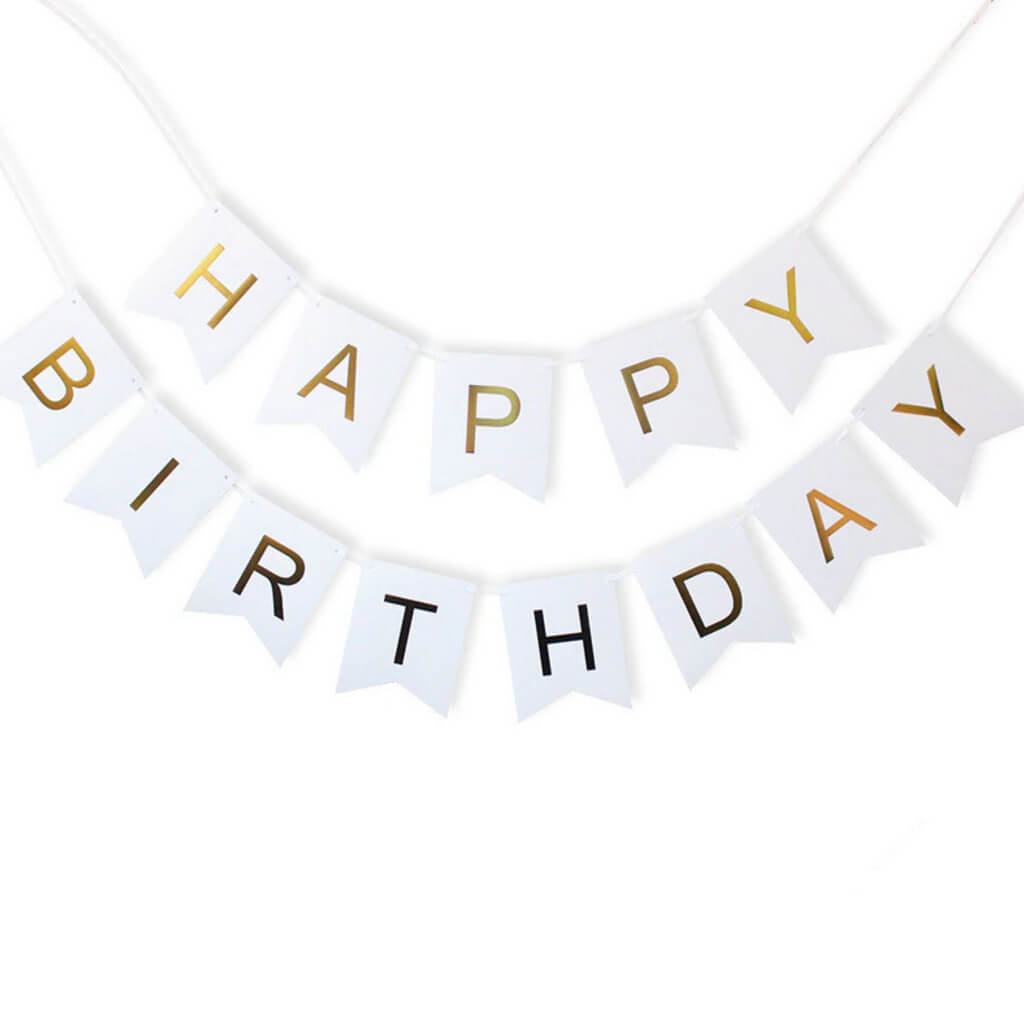White and Gold Foiled Happy Birthday Bunting Banner