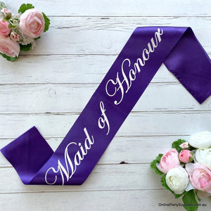 Purple Bridal Party Maid of Honour Sashes with White Writing