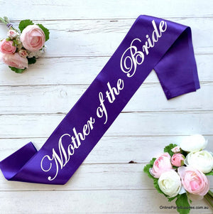 Purple Bridal Party Mother of the bride Sashes with White Writing