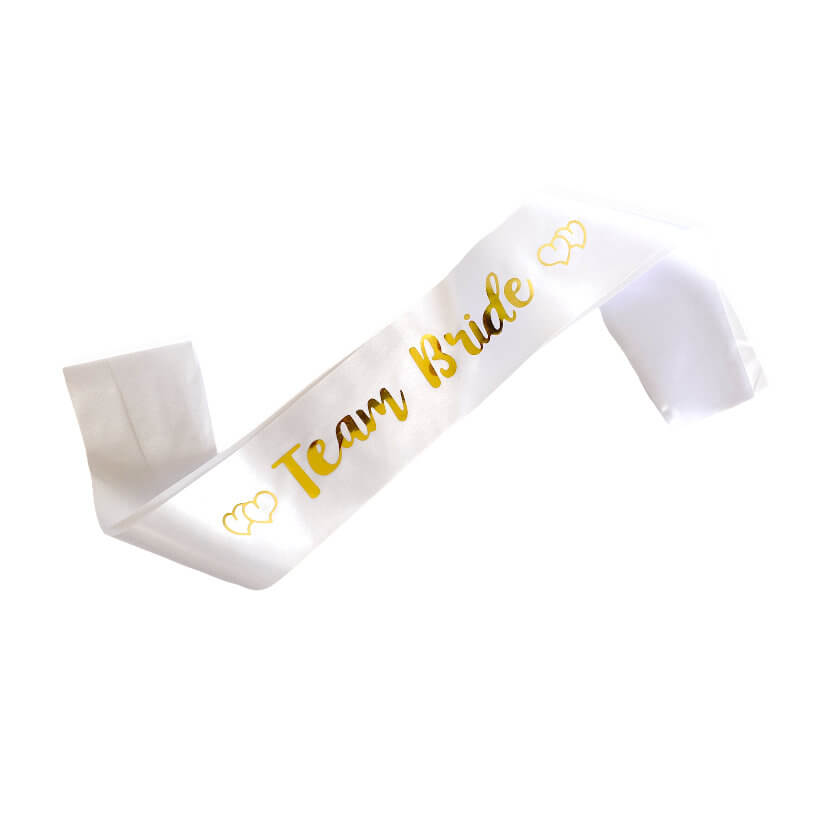 White Team Bride with Hearts Hen Party Satin Sash - Gold Foil Print