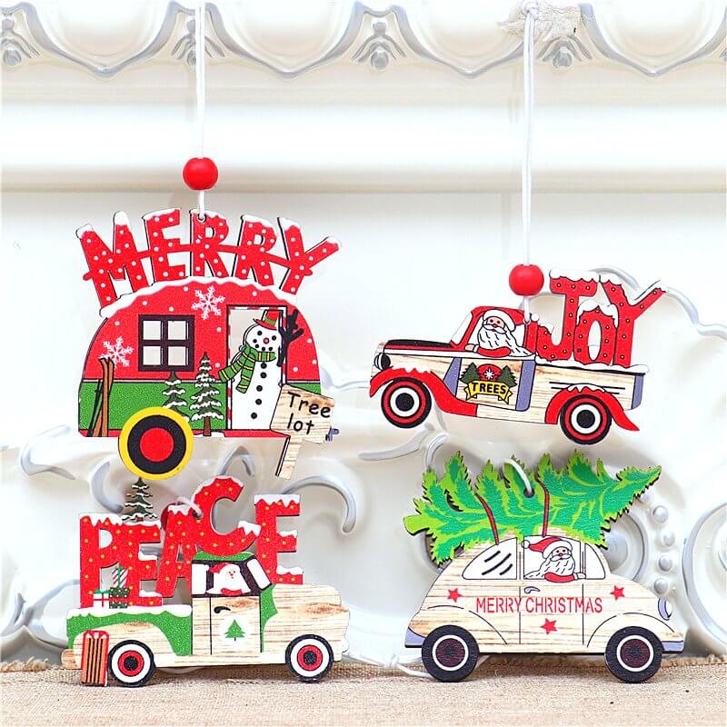 Wooden Vintage Christmas Vehicle Ornaments - Xmas Tree Hanging Pendants for Christmas Party Decorations