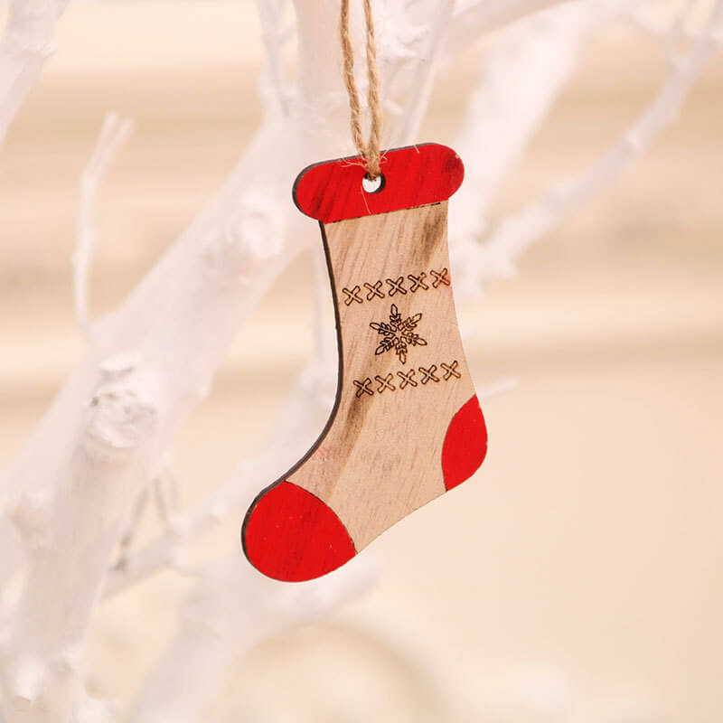 Red & Beige Wooden stocking Hanging Pendant - Xmas Tree Hanging Ornaments