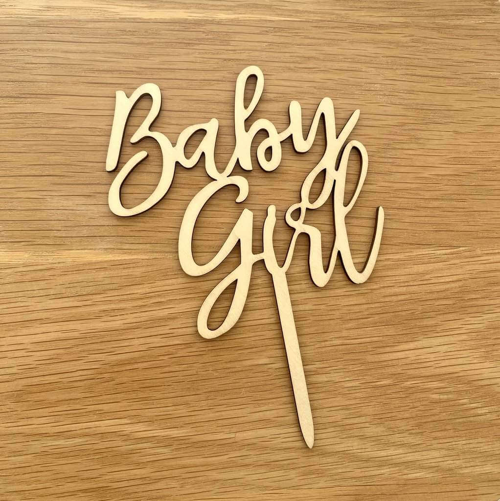 Wooden Acrylic Baby Girl Script Cake Topper - Baby Shower & Gender Reveal Cake Decorations