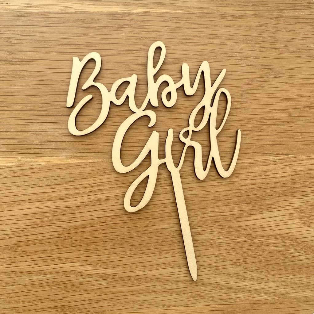 Wooden Acrylic Baby Girl Script Cake Topper - Baby Shower & Gender Reveal Cake Decorations