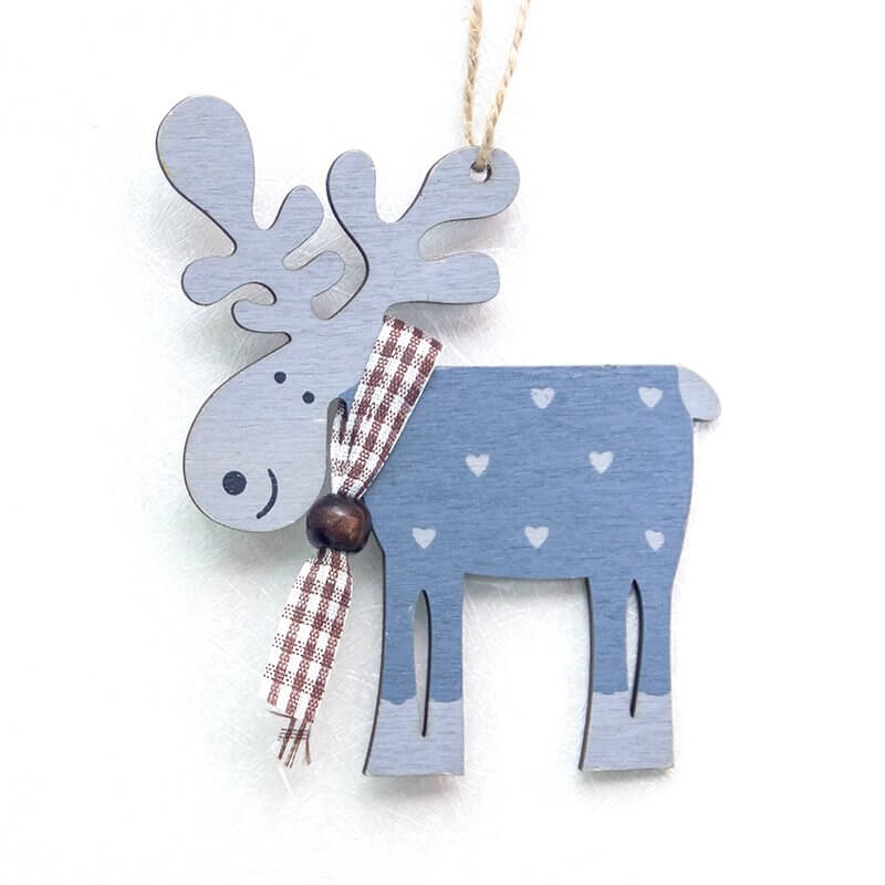 Wooden Moose Christmas Hanging Ornament - Blue