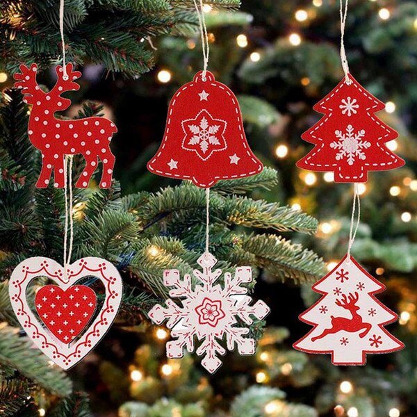 Online Party Supplies Red Wooden Tree Pendants Pack of 10 Christmas Hanging Ornaments