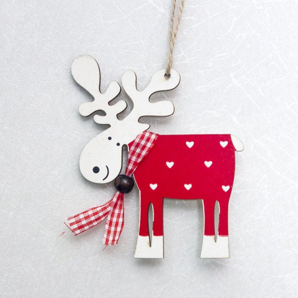 Wooden Moose Christmas Hanging Ornament - Red