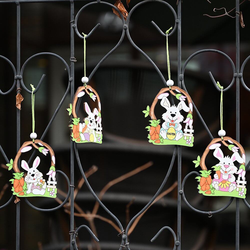 Wooden Easter Bunny Rabbit & Carrot Hanging Ornament