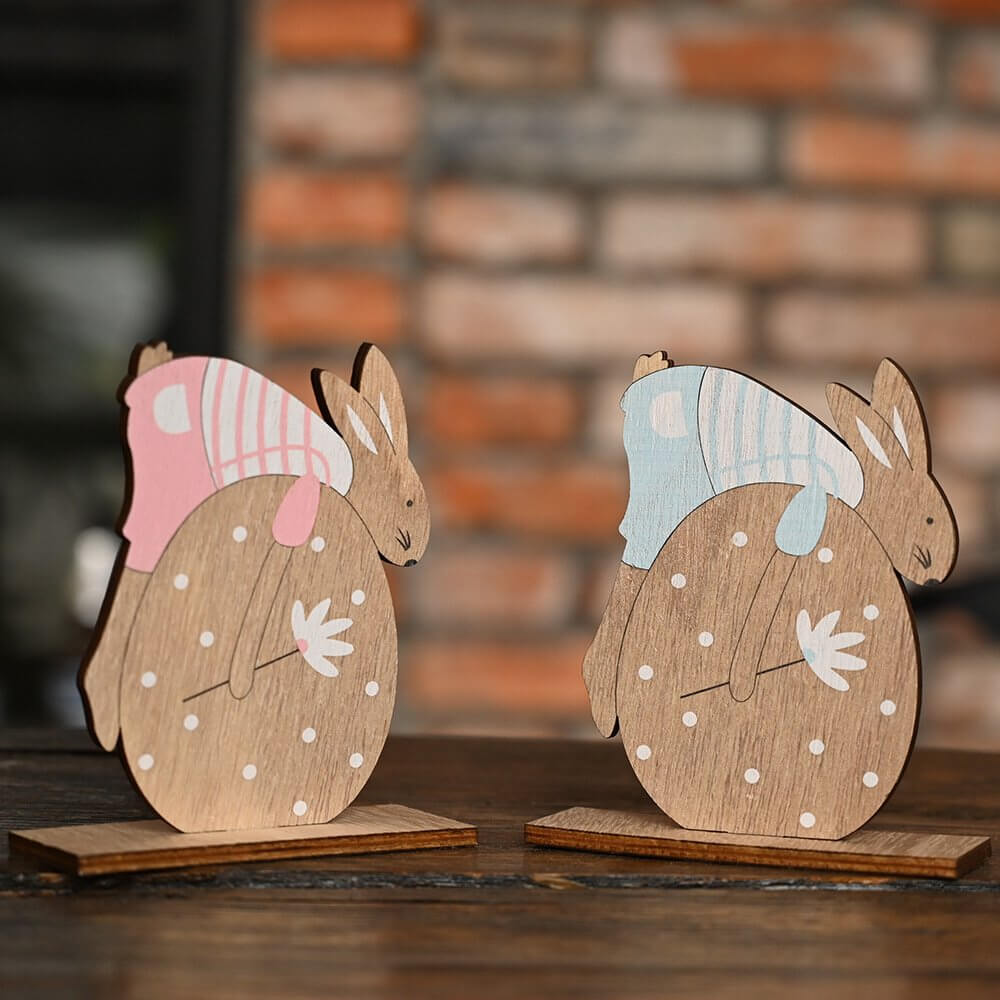 Wooden Easter Bunny Hugging Giant Egg Shelf Sitter