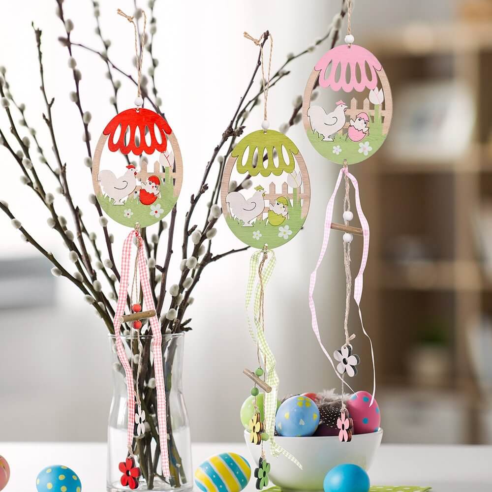 Wooden Happy Easter Hen & Chick in Egg Hanging Ornament Pendant