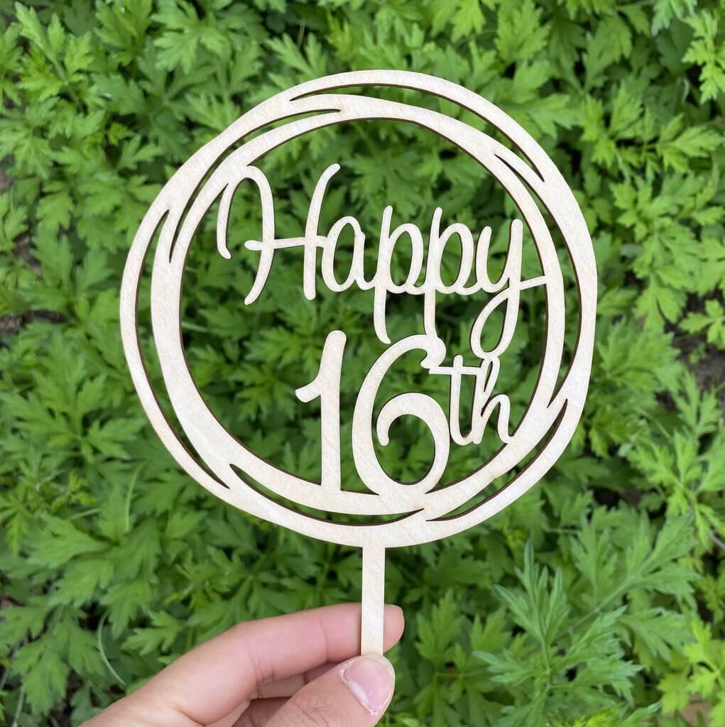 Wooden Geometric Circle Happy 16th Cake Topper