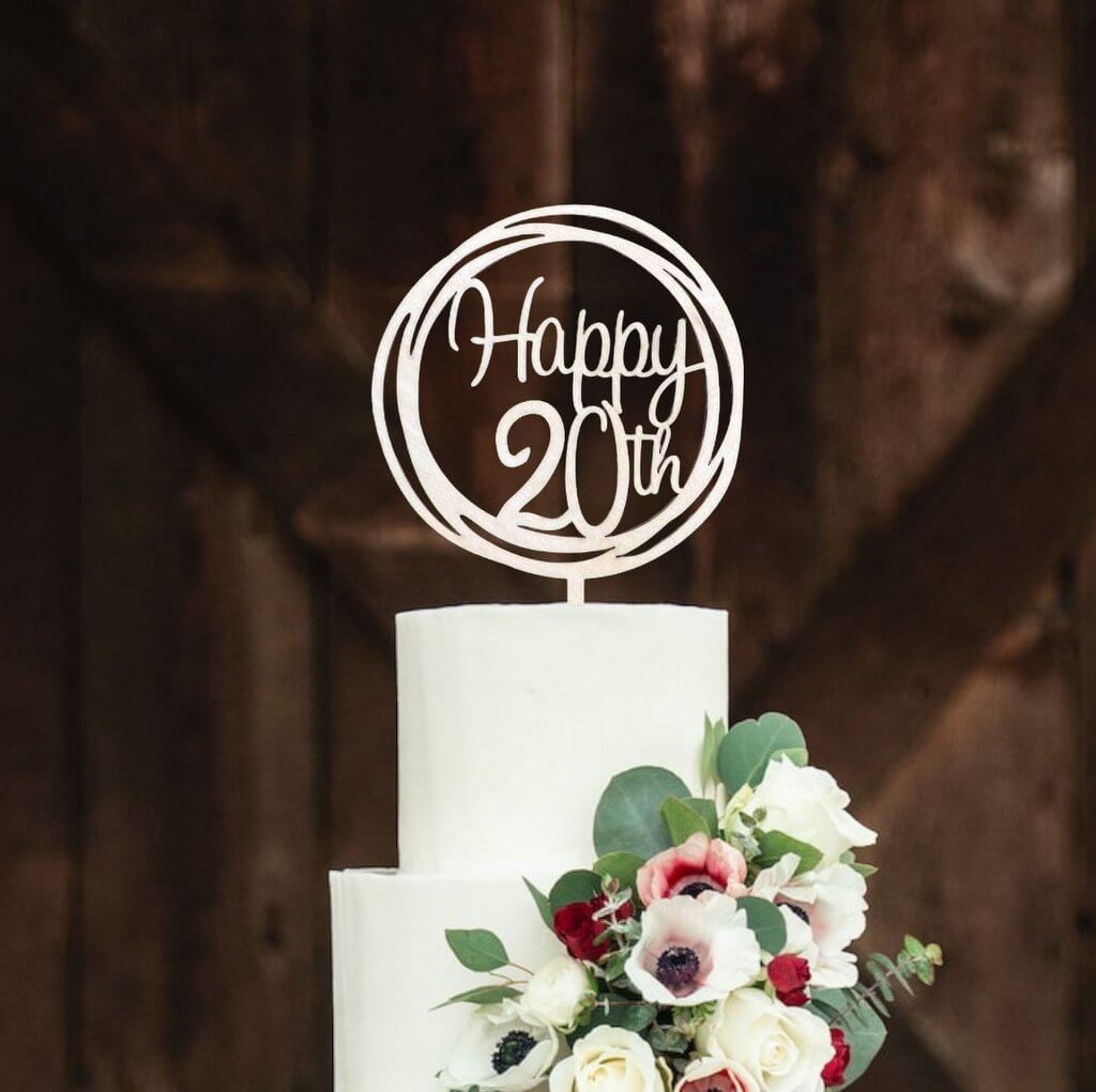 Wooden Geometric Circle Happy 20th Cake Topper
