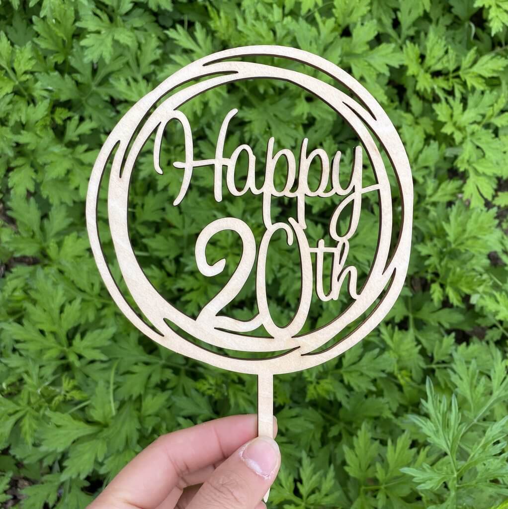 Wooden Geometric Circle Happy 20th Cake Topper