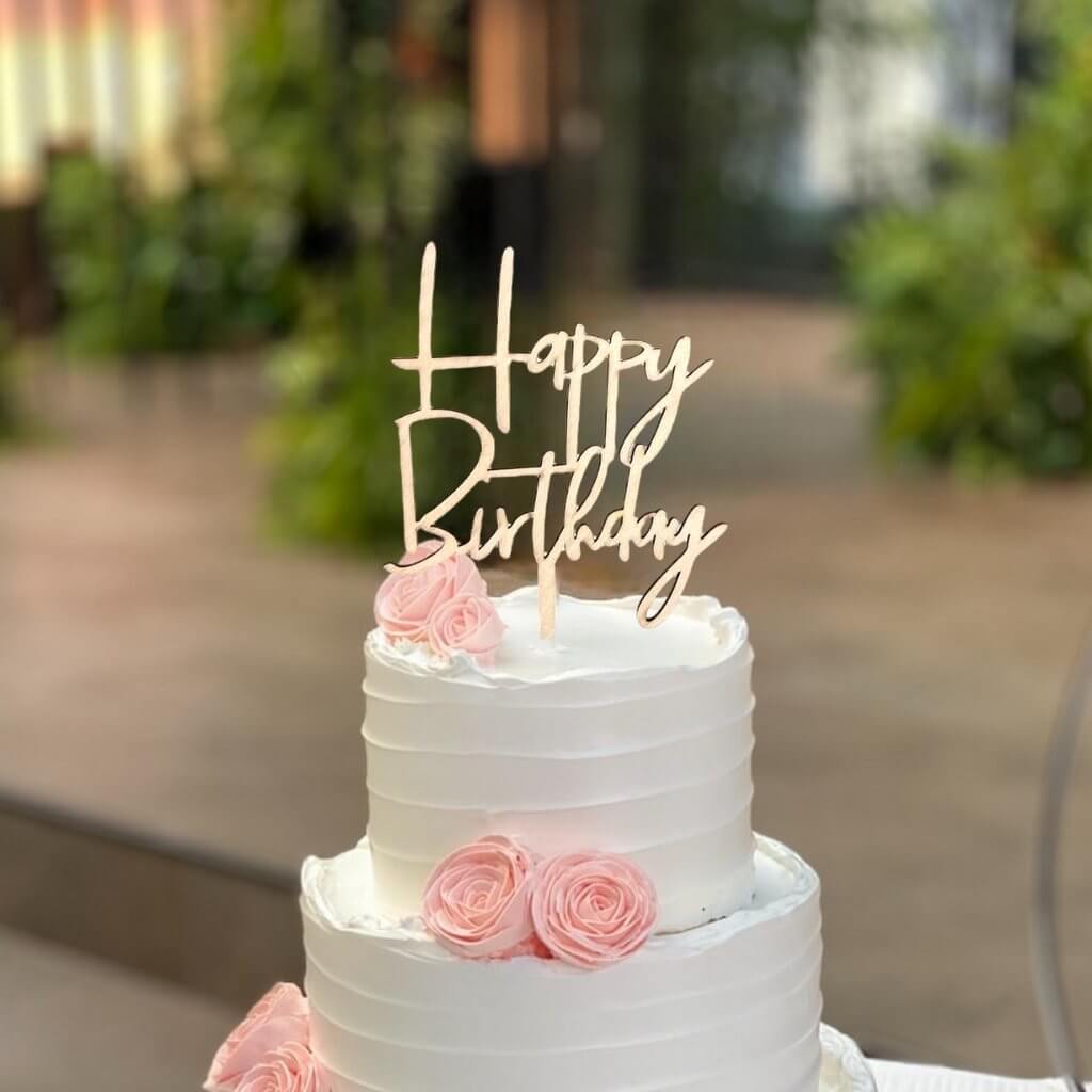 Wooden Happy Birthday Script Cake Topper - Style 2